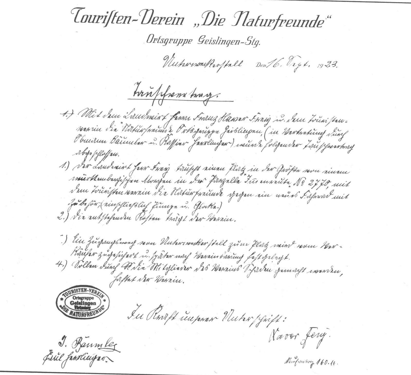 Handschriftlicher Vertrag mit Stempel des Touristen-Vereins „Die Naturfreunde“